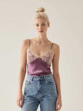 CH Vintage Silky Satin Lace Cami Top in Mauve/ Dusty Plum and Champagne